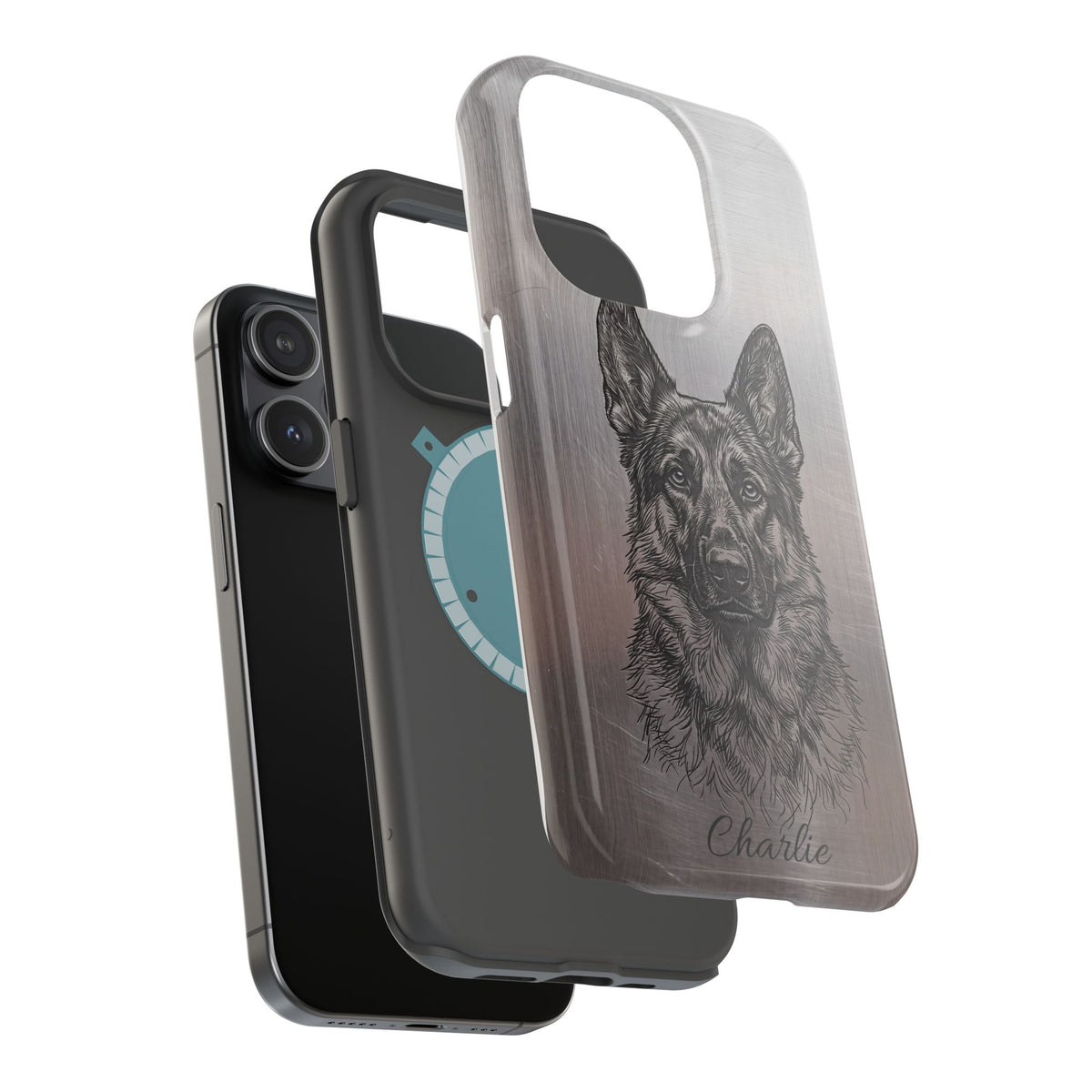 German Shepherd Phone Case | Personalized Etched Silver Art — Tough Magnetic Case with Wireless Charging