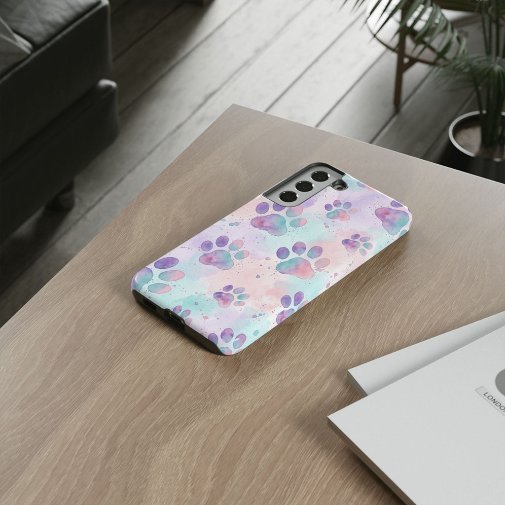 Watercolor Paw Print Phone Case | Pastel Purple, Teal & Pink Artistic Pattern | Samsung & iPhone