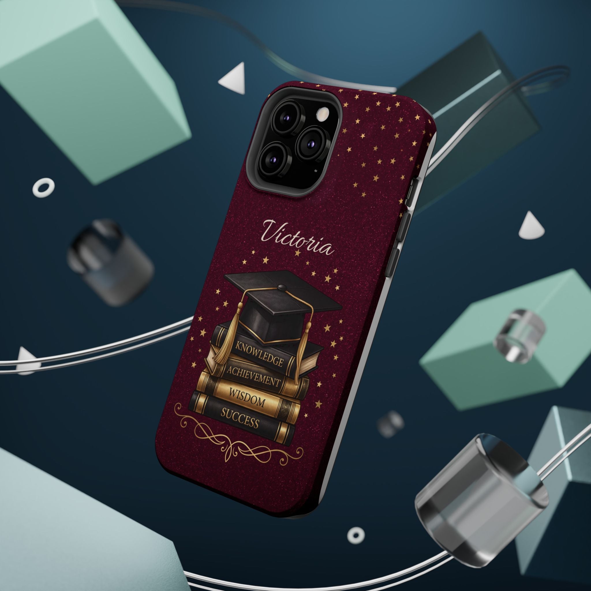 Graduation Cap & Books Personalized Teacher Phone Case — Wireless Charging Cover