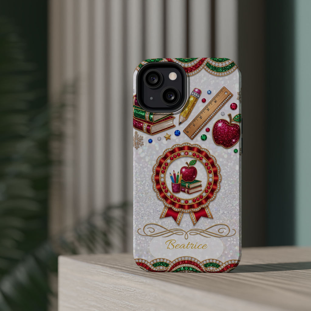 Jeweled Apple Medallion Personalized Teacher Phone Case — Wireless Charging Cover