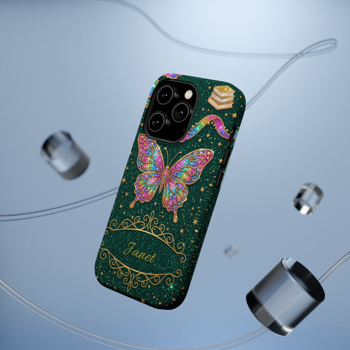 Rainbow Glitter Butterfly Personalized Teacher Phone Case — Wireless Charging Cover