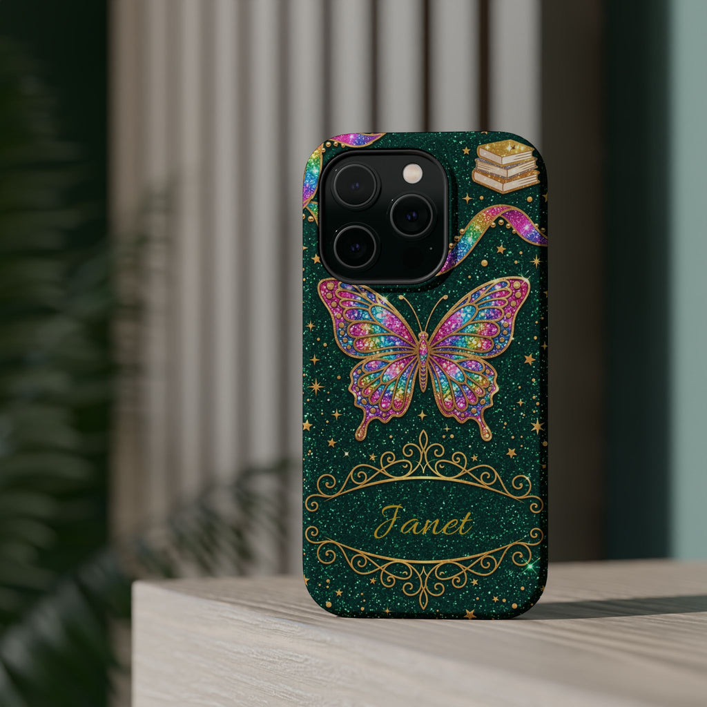 Rainbow Glitter Butterfly Personalized Teacher Phone Case — Wireless Charging Cover