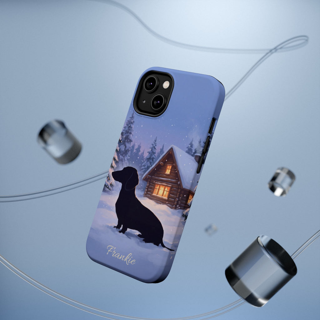 Personalized Dachshund Winter Cabin Phone Case — Wireless Charging Cover