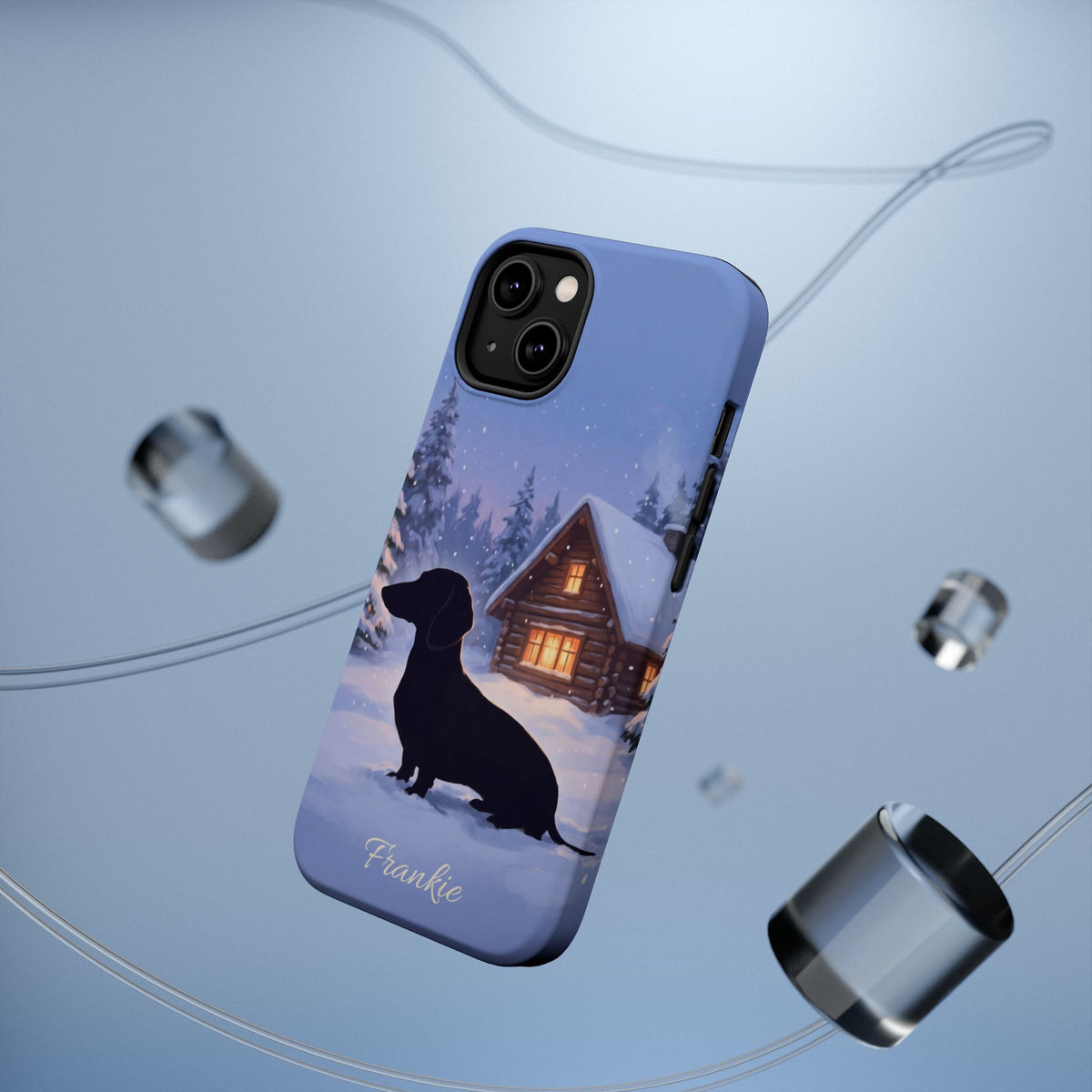 Personalized Dachshund Winter Cabin Phone Case — Wireless Charging Cover