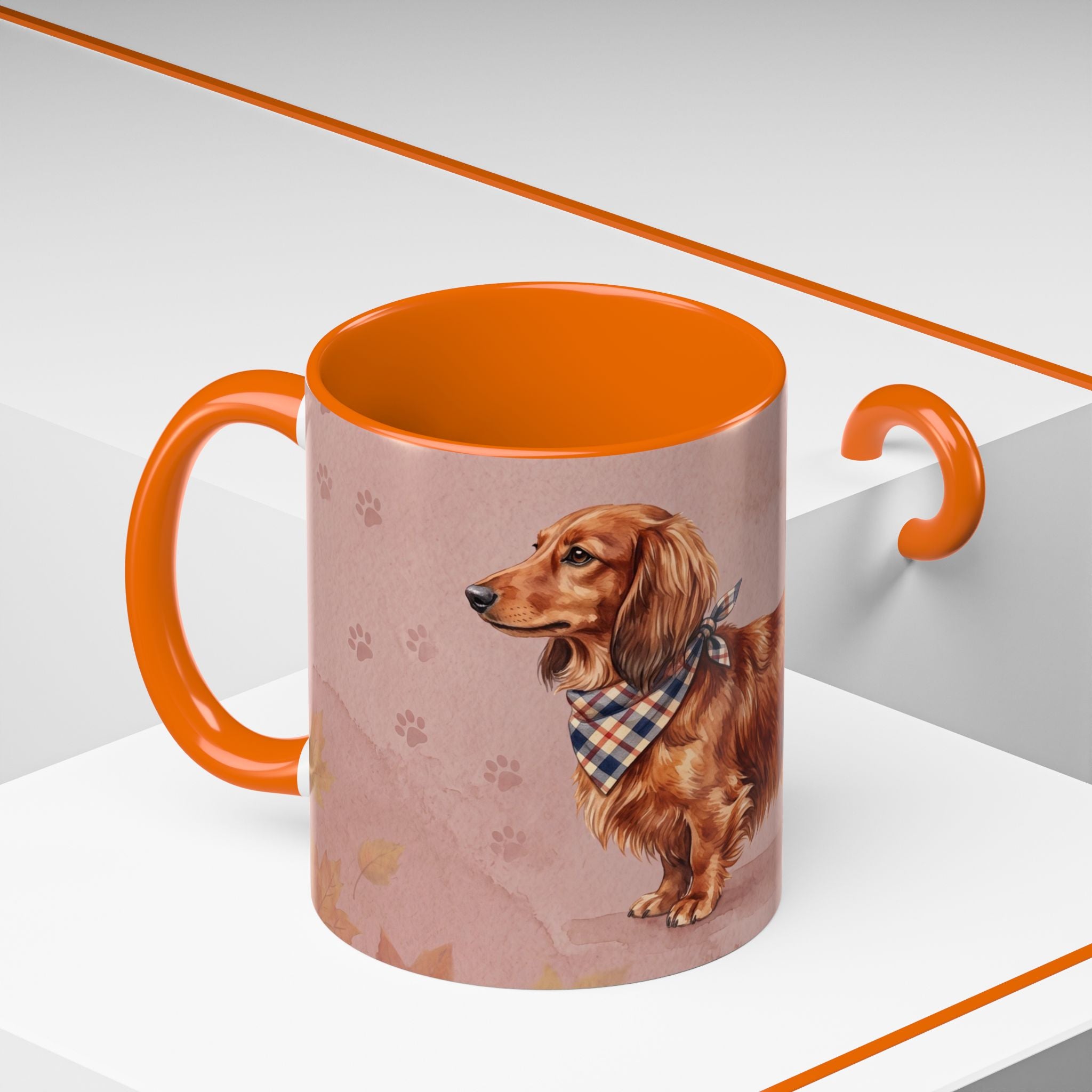 Dachshund Lover Mug | Long-Haired Wiener Dog with Plaid Bandana, Dusty Rose Watercolor Dog Gift