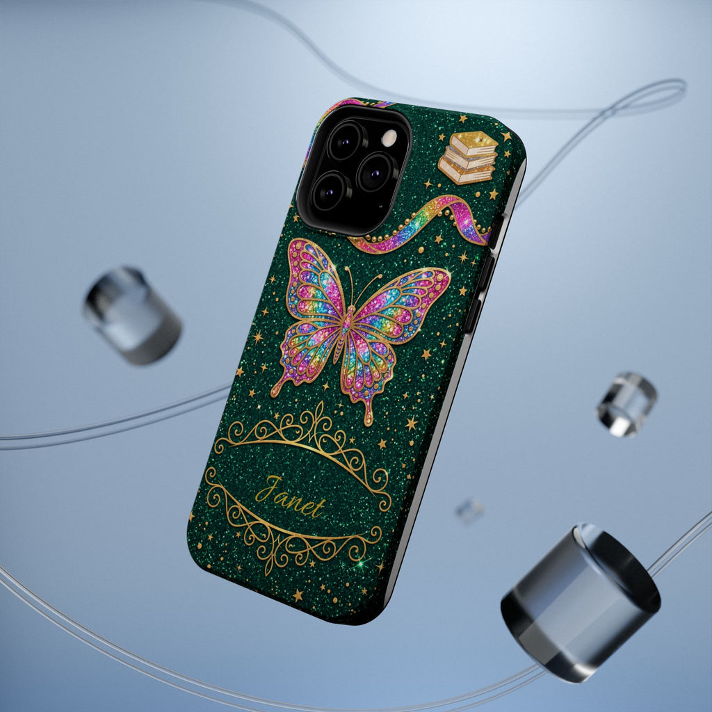 Rainbow Glitter Butterfly Personalized Teacher Phone Case — Wireless Charging Cover