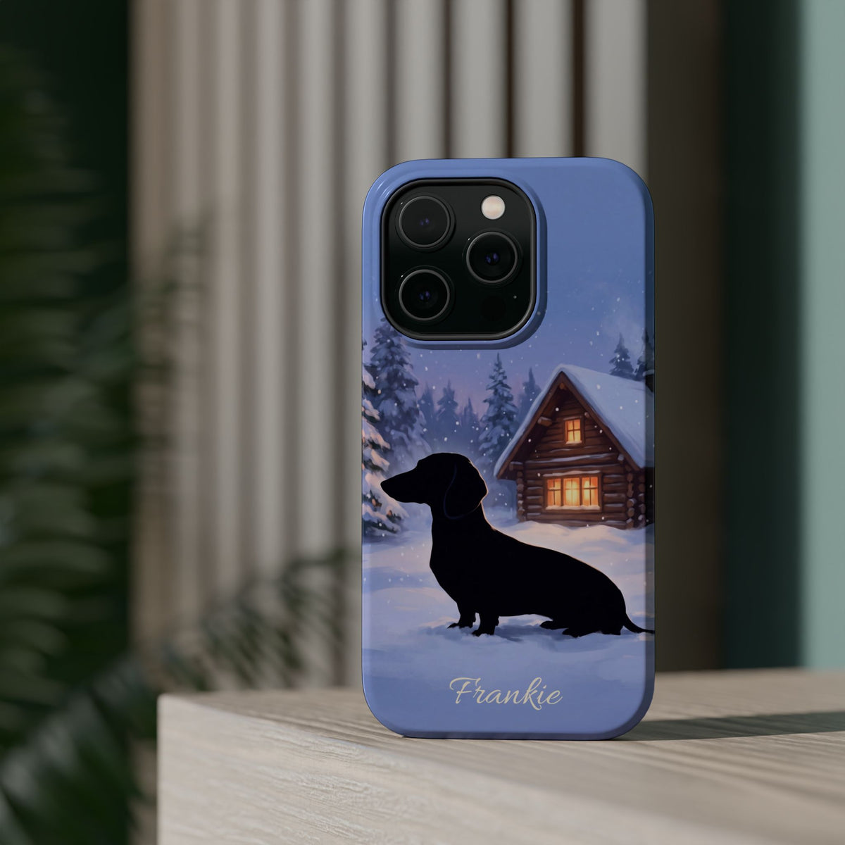 Personalized Dachshund Winter Cabin Phone Case — Wireless Charging Cover