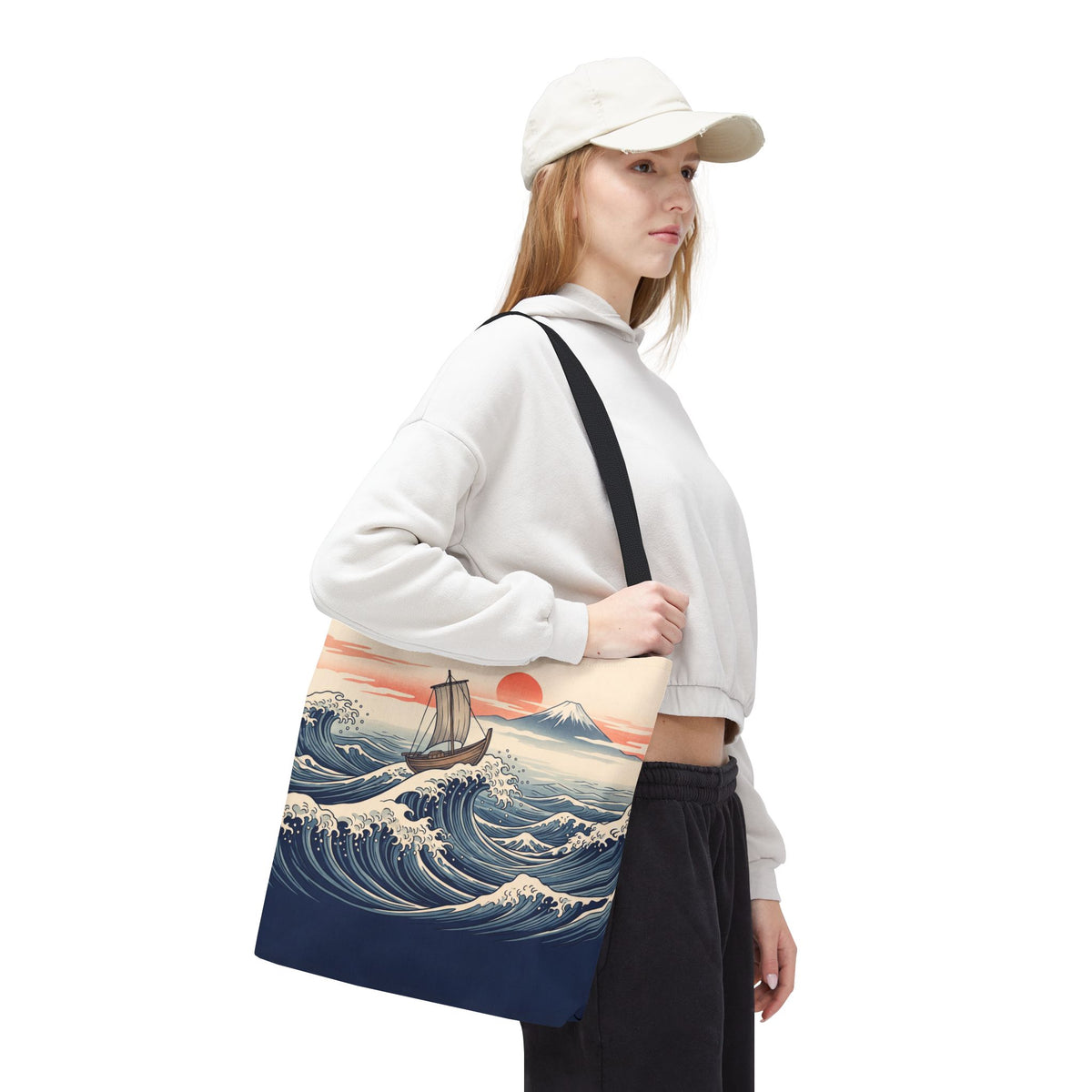 Japanese Wave Sailboat Tote Bag – Woodblock Style Ocean Beach Bag