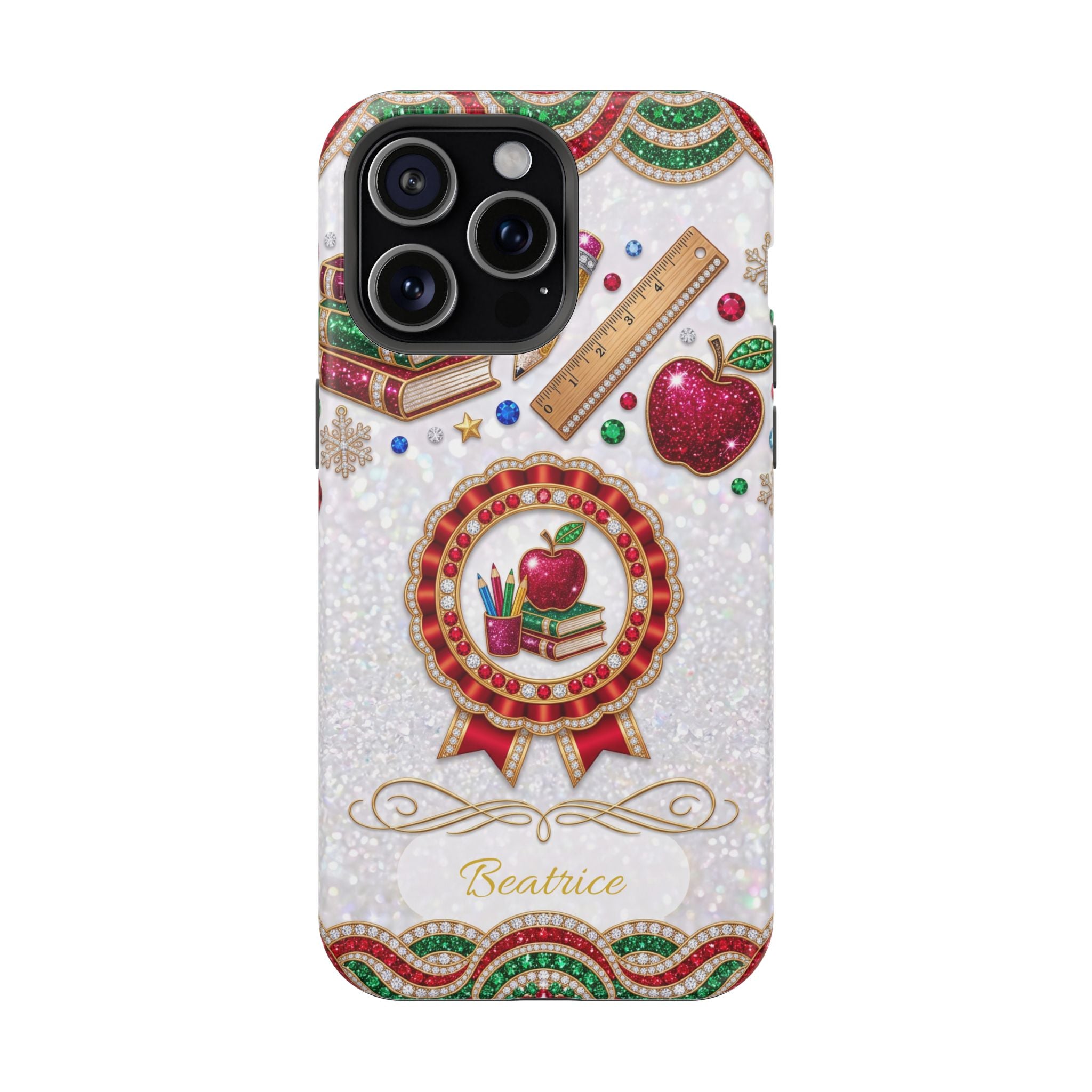 Jeweled Apple Medallion Personalized Teacher Phone Case — Wireless Charging Cover