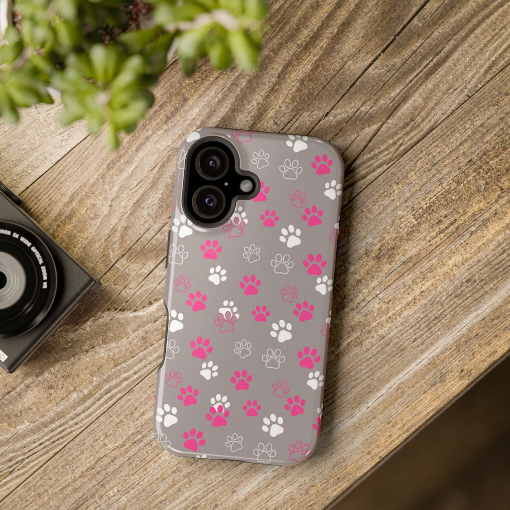Pink & White Paw Print Phone Case — Impact-Resistant Wireless Charging Cover
