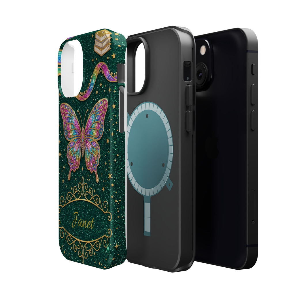 Rainbow Glitter Butterfly Personalized Teacher Phone Case — Wireless Charging Cover