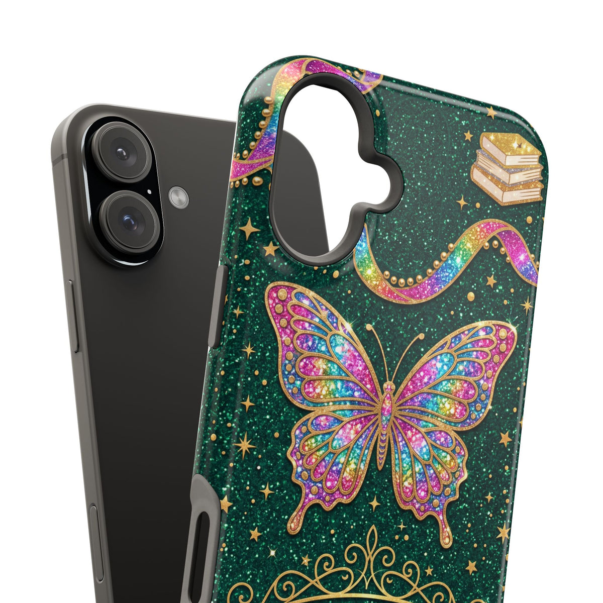 Rainbow Glitter Butterfly Personalized Teacher Phone Case — Wireless Charging Cover
