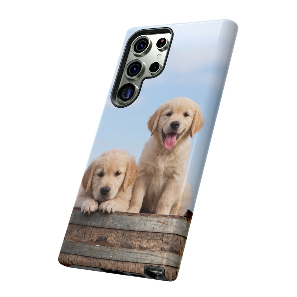 Golden Retriever Puppies on Barrel Phone Case | Cute Duo Under Blue Sky | iPhone & Samsung