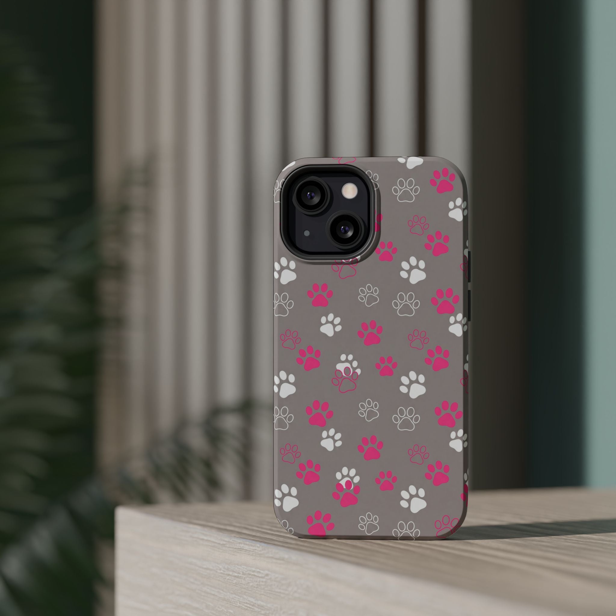 Pink & White Paw Print Phone Case — Impact-Resistant Wireless Charging Cover