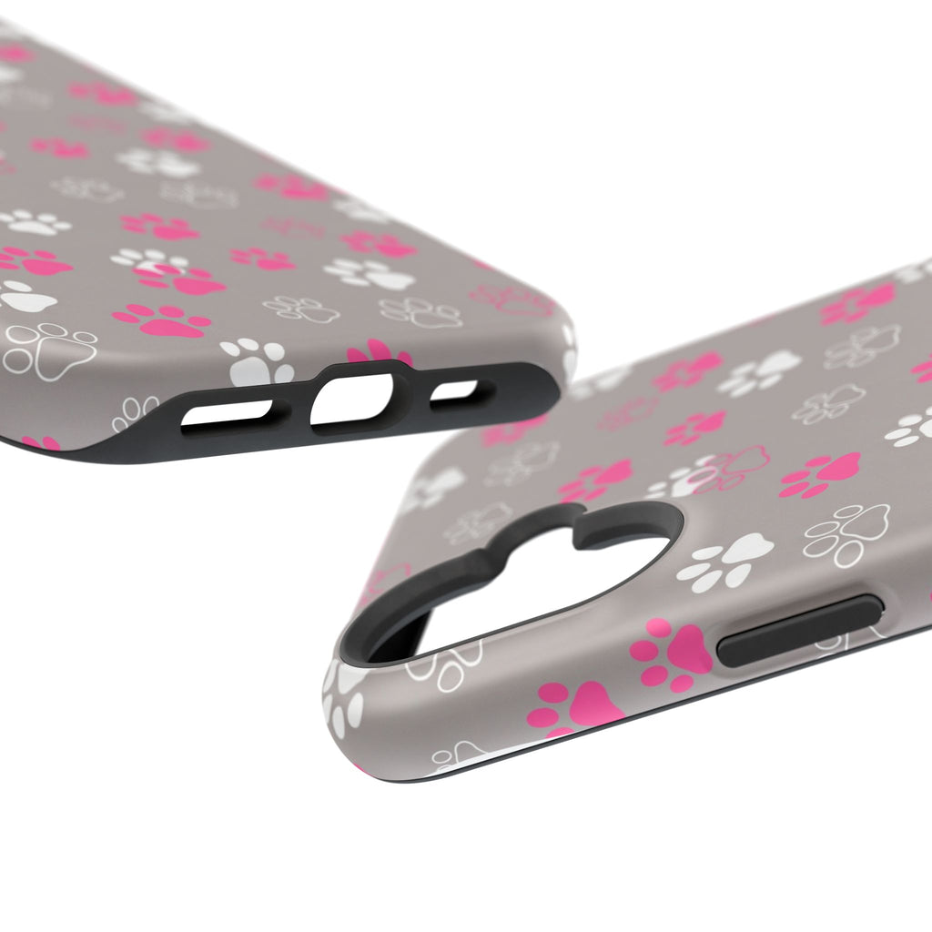 Pink & White Paw Print Phone Case — Impact-Resistant Wireless Charging Cover
