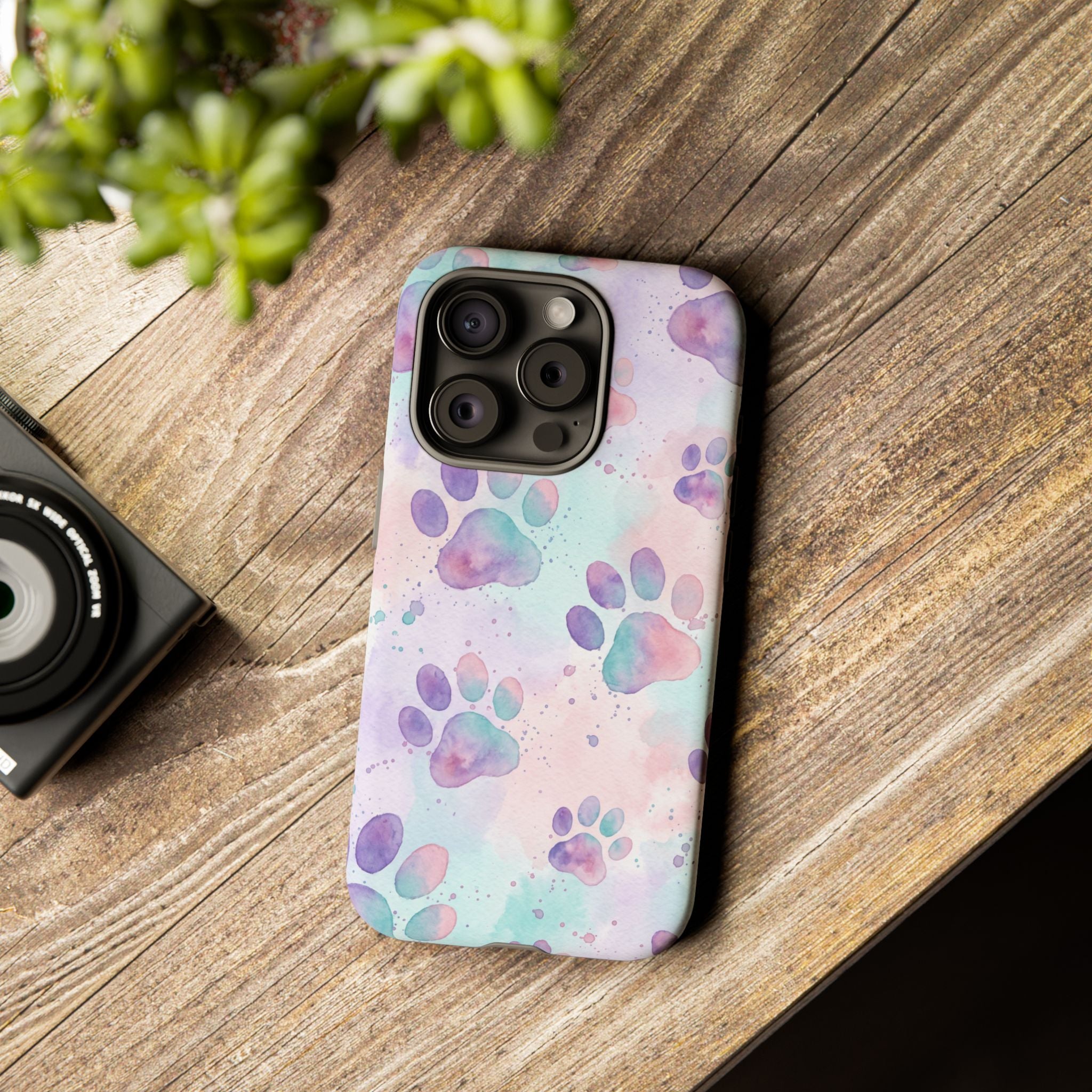 Watercolor Paw Print Phone Case | Pastel Purple, Teal & Pink Artistic Pattern | Samsung & iPhone