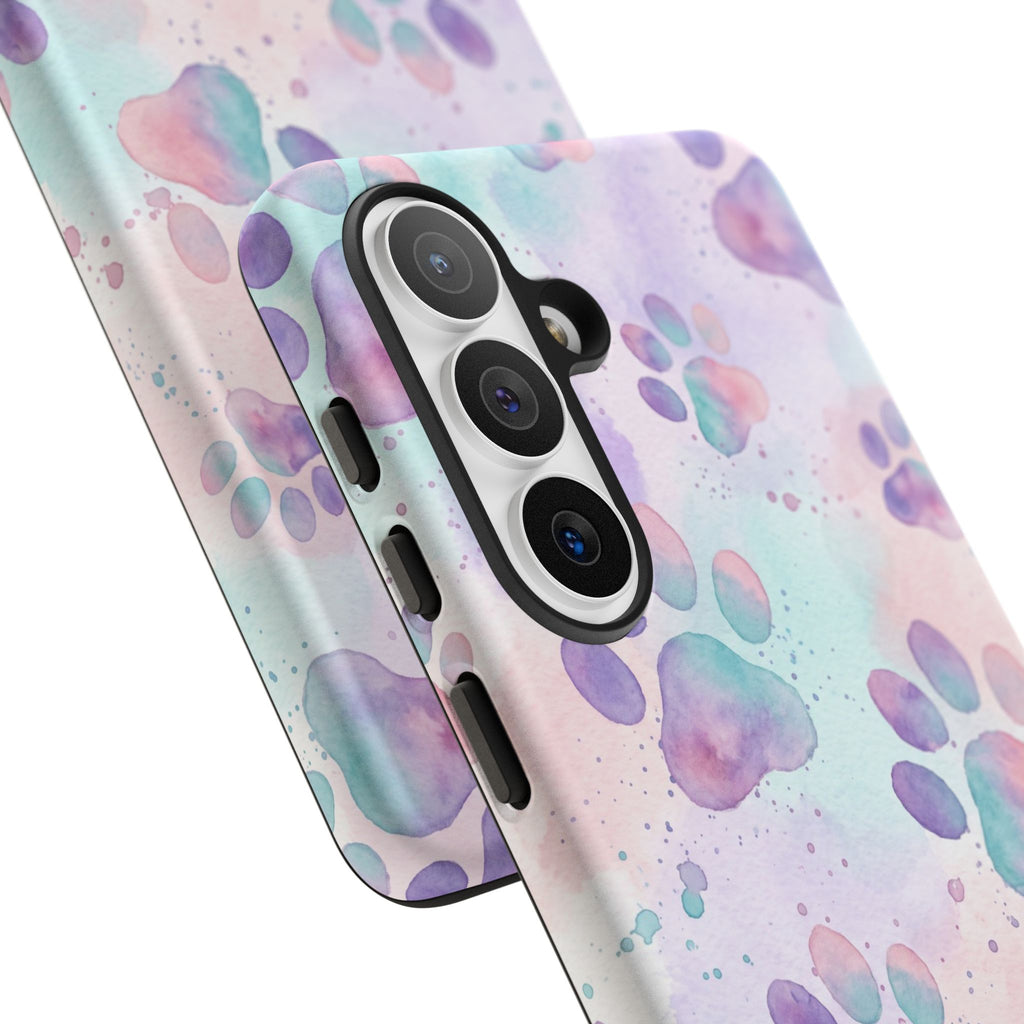 Watercolor Paw Print Phone Case | Pastel Purple, Teal & Pink Artistic Pattern | Samsung & iPhone
