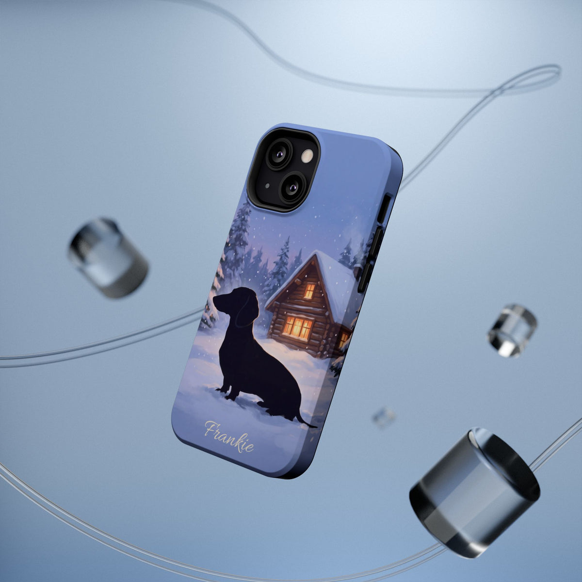 Personalized Dachshund Winter Cabin Phone Case — Wireless Charging Cover