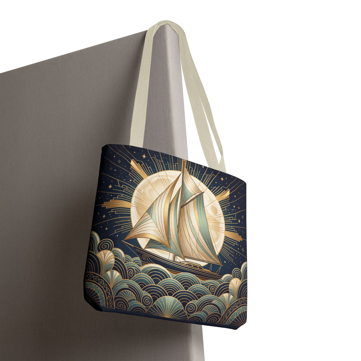 Art Deco Moonlit Sailboat Tote Bag – Starry Night Nautical Beach Bag