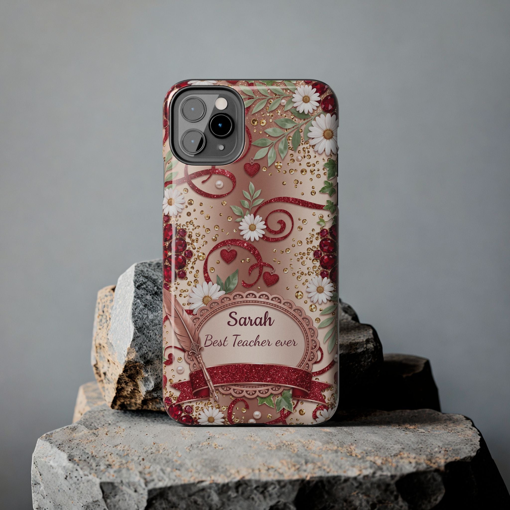 Personalized Teacher Phone Case — Custom Name and Message - Floral Jeweled Design