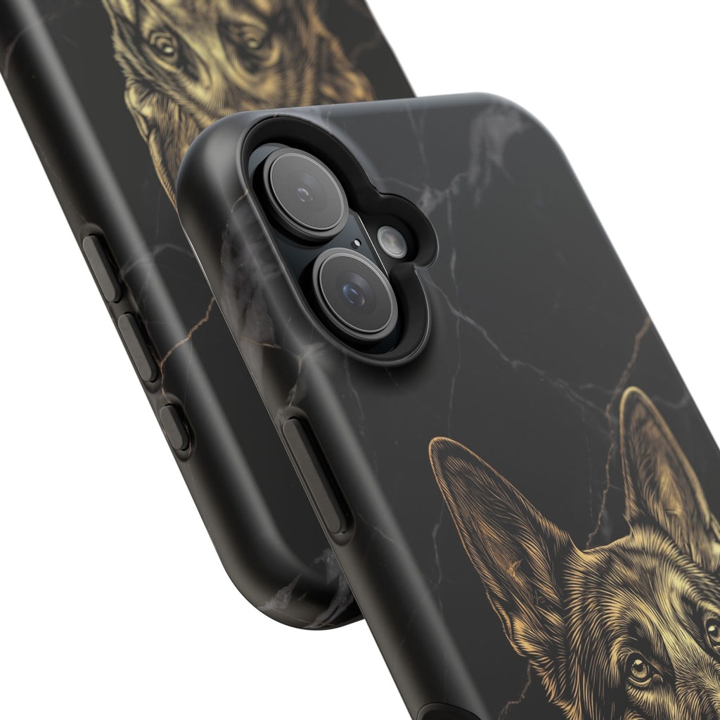 German Shepherd Phone Case | Black Marble Gold Sketch Art — Tough Magnetic Case with Wireless Charging