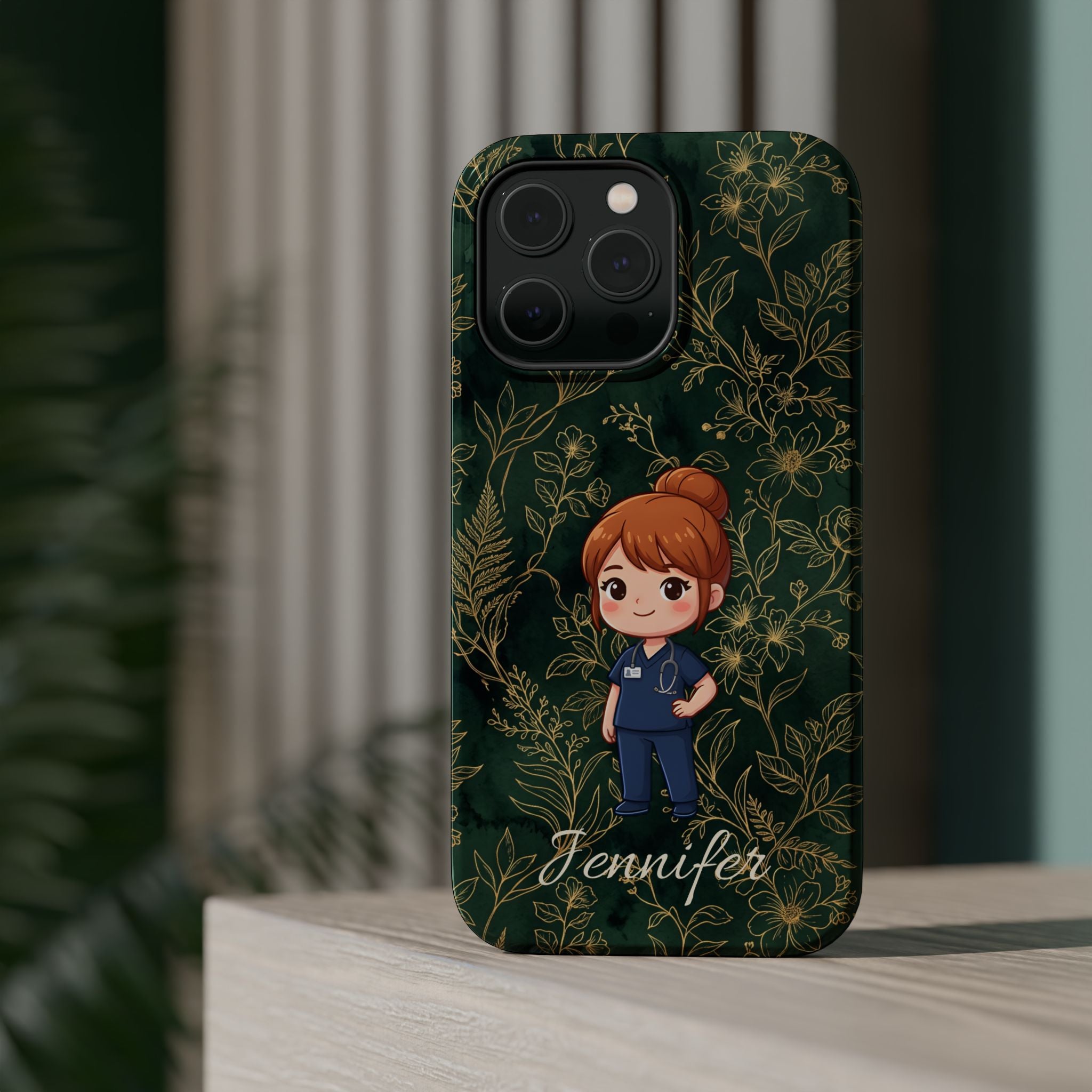 Personalized Nurse Botanical Phone Case — Impact-Resistant Wireless Charging Cover