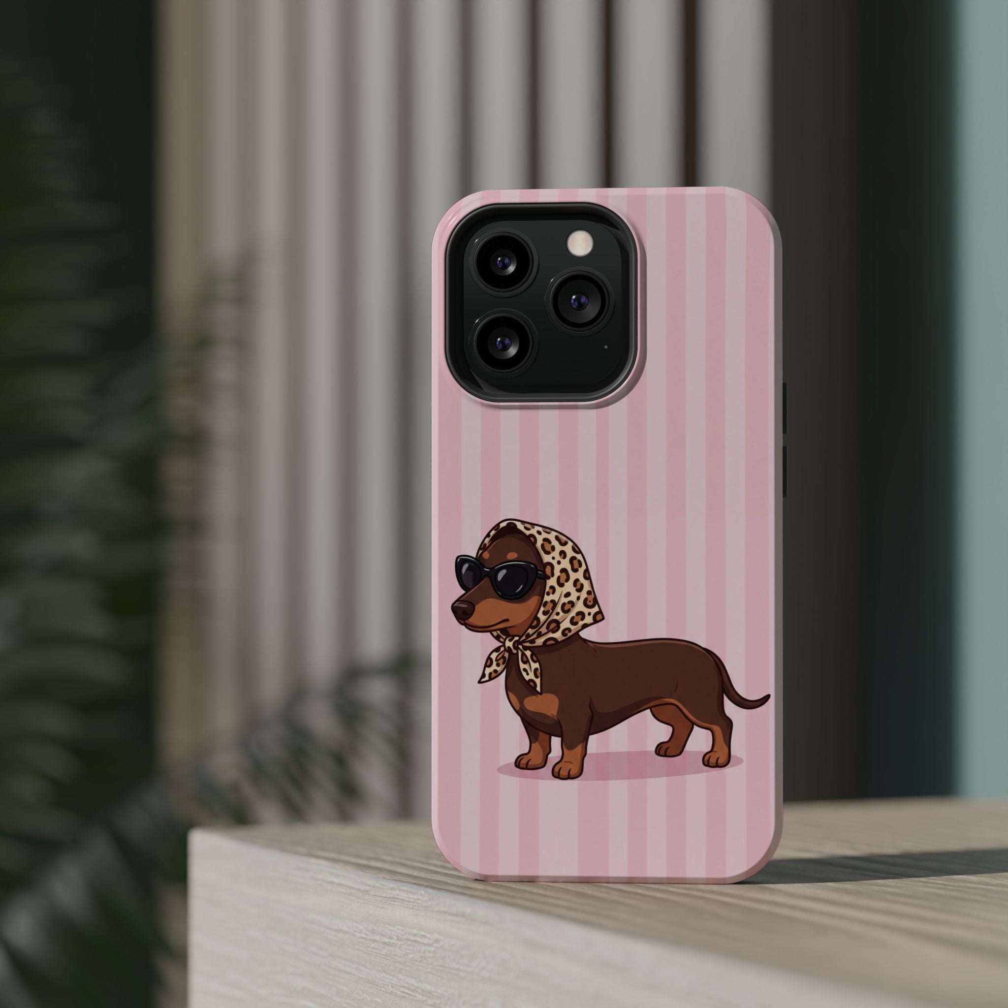 Glam Dachshund Phone Case | Cute Sausage Dog in Leopard Scarf & Sunglasses | Pink Stripe Case for iPhone & Samsung