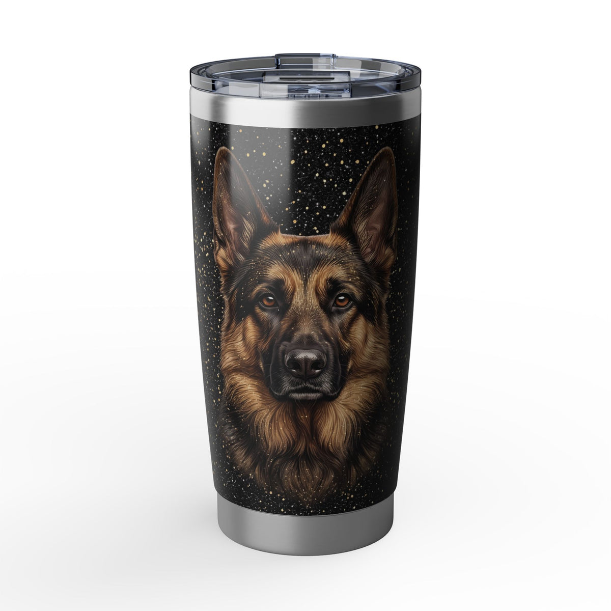 German Shepherd Tumbler | Black Gold Glitter Art — 20 oz Stainless Travel Mug