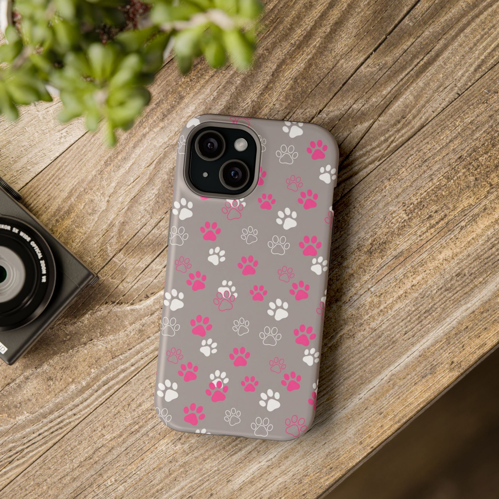 Pink & White Paw Print Phone Case — Impact-Resistant Wireless Charging Cover