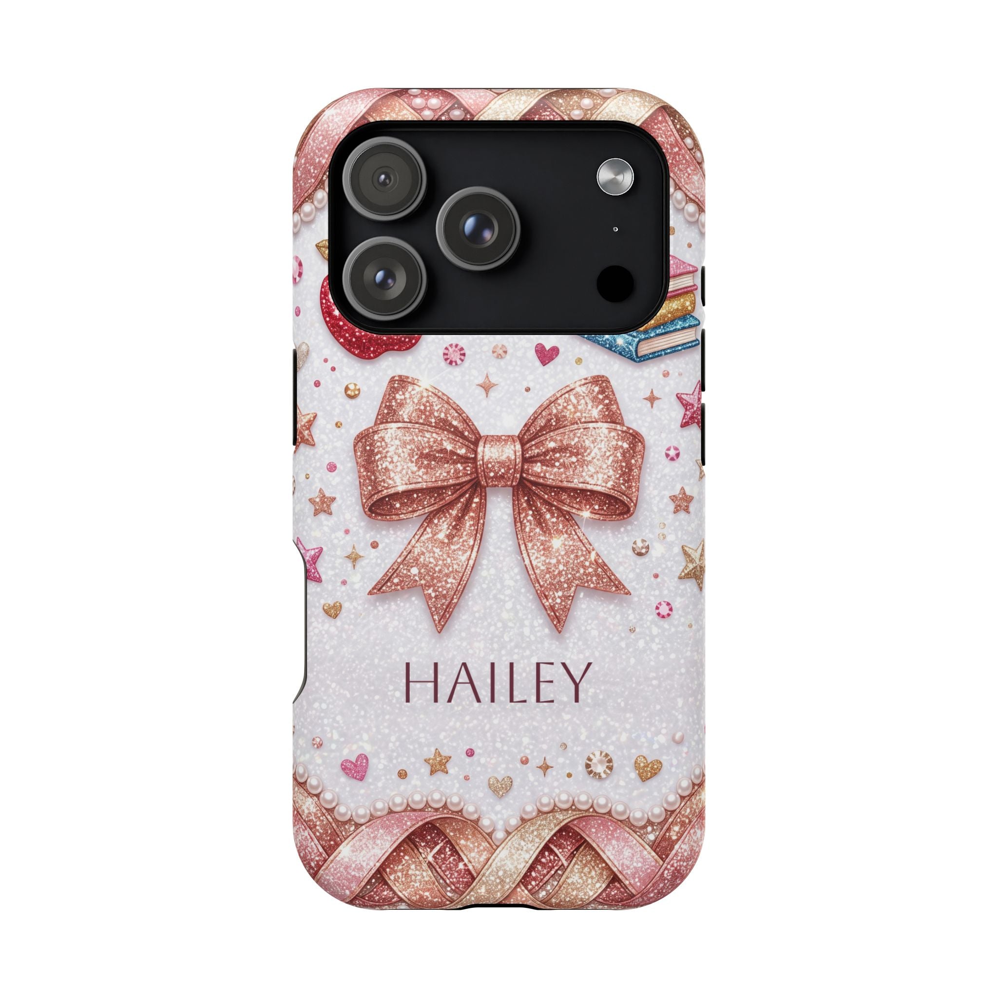 Rose Gold Glitter Bow Personalized Teacher Phone Case — Wireless Charging Cover