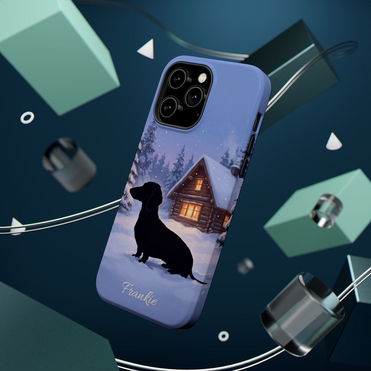 Personalized Dachshund Winter Cabin Phone Case — Wireless Charging Cover