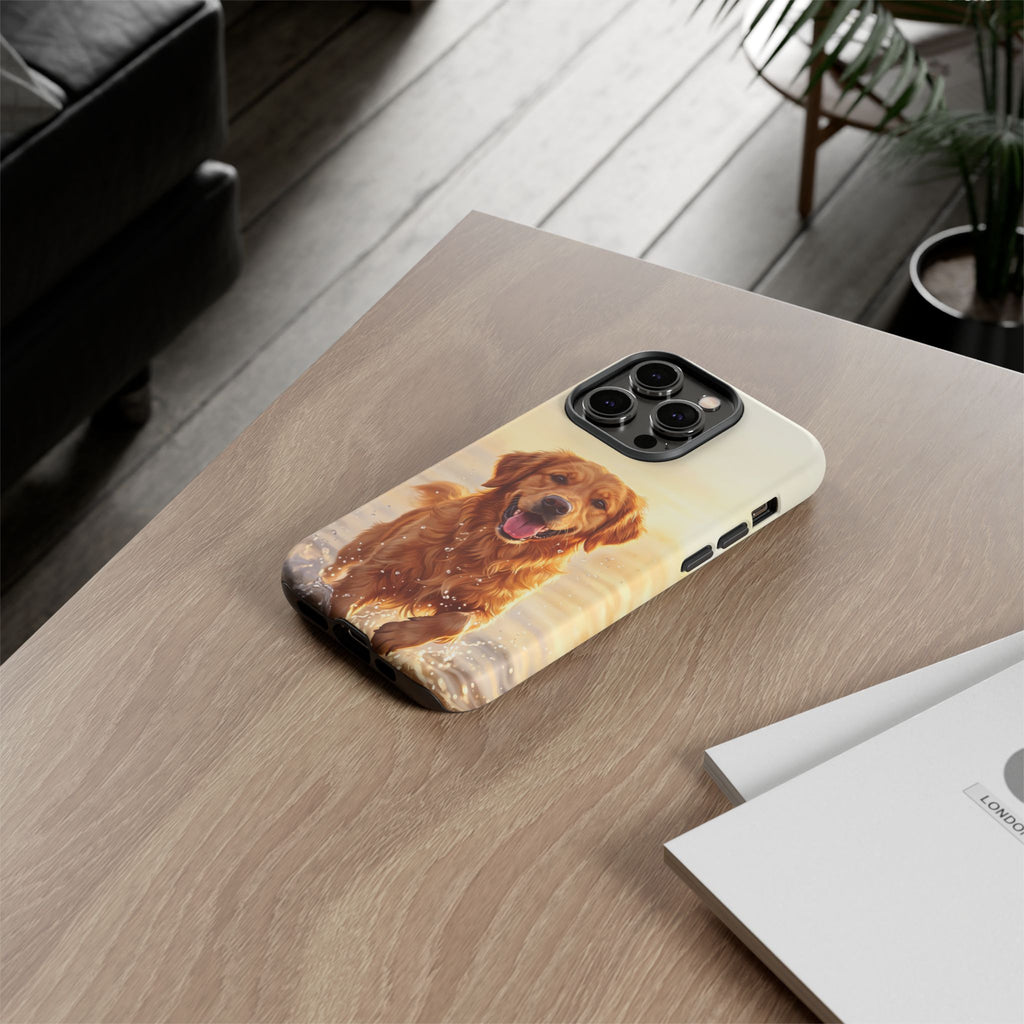 Golden Retriever Splashing in Water Phone Case | Joyful Dog at Golden Hour | iPhone & Samsung
