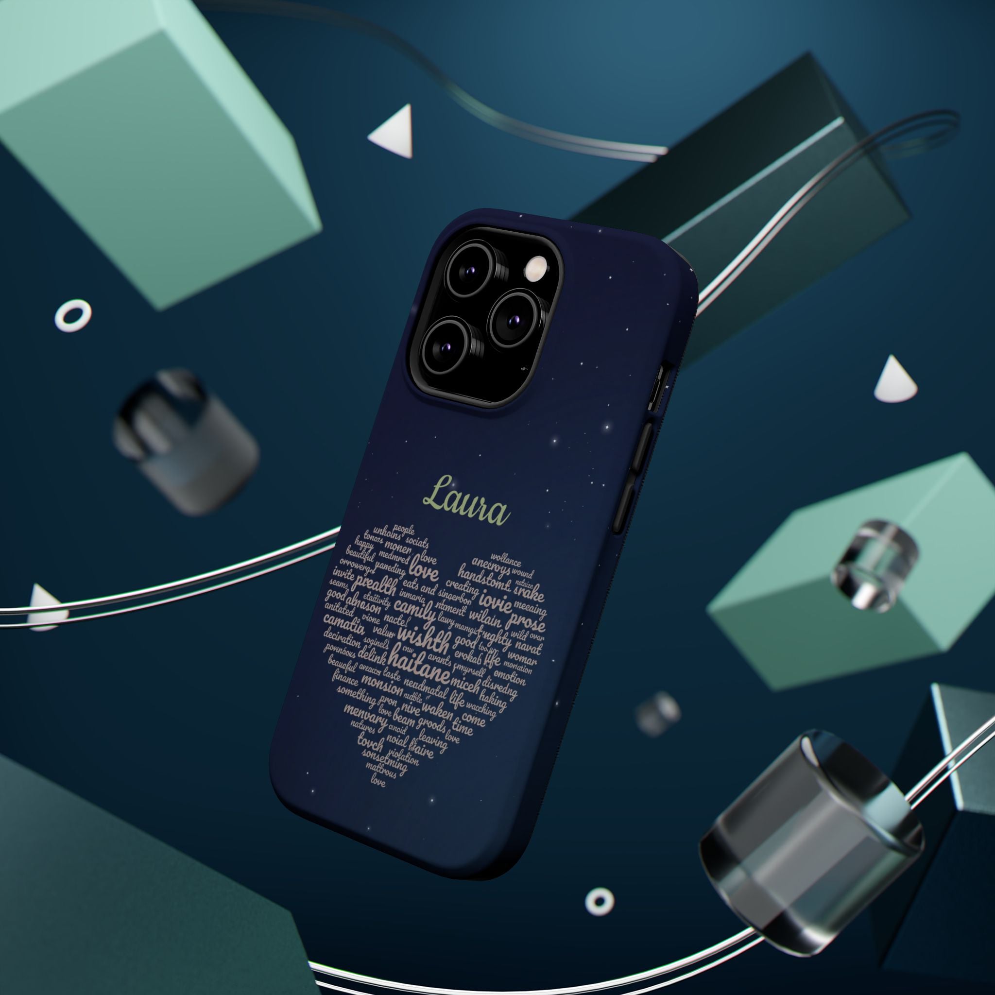 Personalized Teacher Heart Word Art Phone Case — Navy Wireless Charging Cover