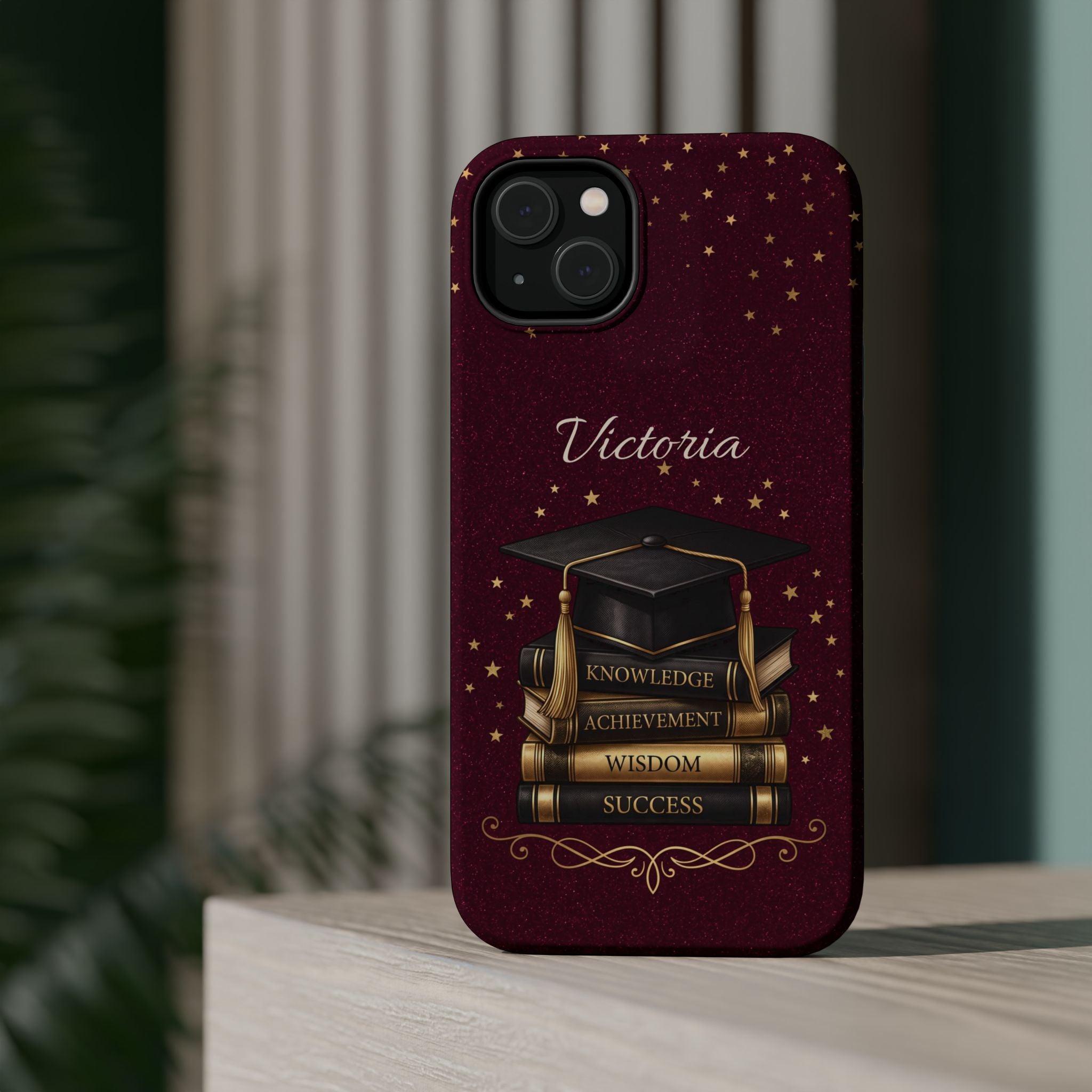 Graduation Cap & Books Personalized Teacher Phone Case — Wireless Charging Cover
