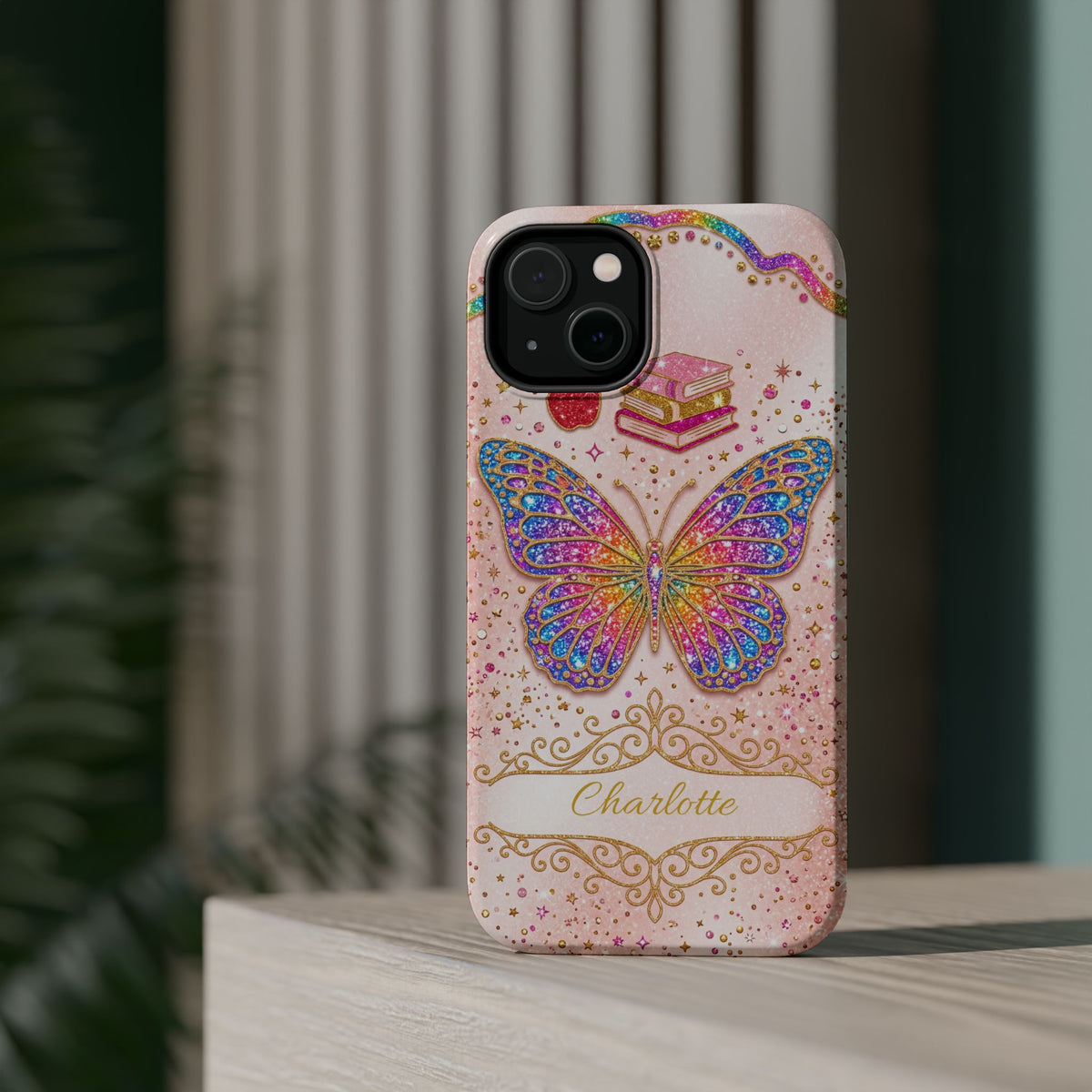 Blush Glitter Butterfly Personalized Teacher Phone Case — Wireless Charging Cover