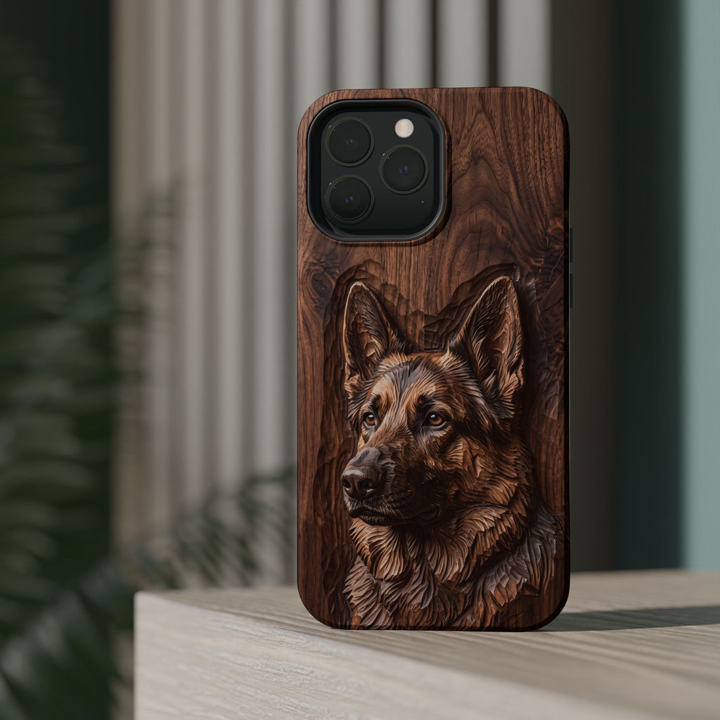 German Shepherd Phone Case | Carved Walnut Art — Tough Magnetic Case with Wireless Charging