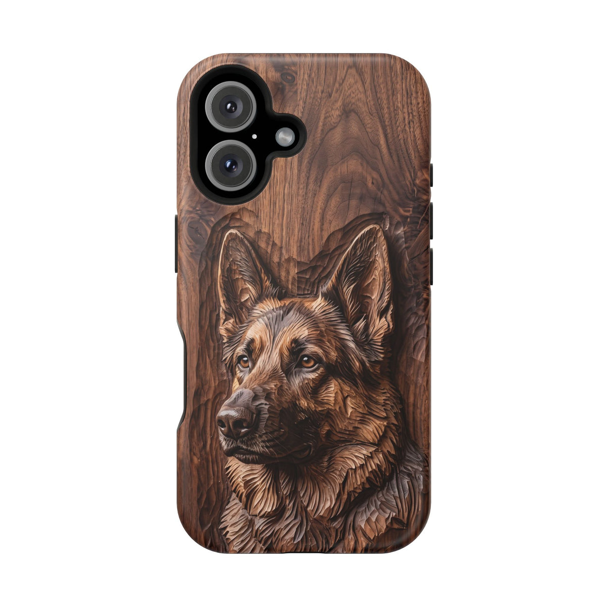 German Shepherd Phone Case | Carved Walnut Art — Tough Magnetic Case with Wireless Charging