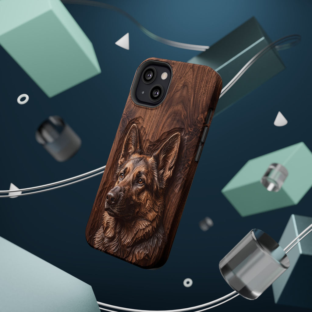 German Shepherd Phone Case | Carved Walnut Art — Tough Magnetic Case with Wireless Charging
