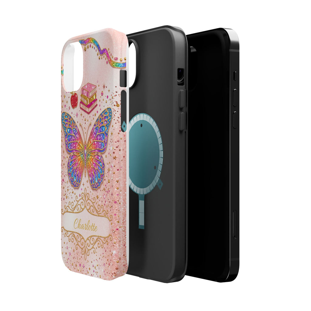 Blush Glitter Butterfly Personalized Teacher Phone Case — Wireless Charging Cover