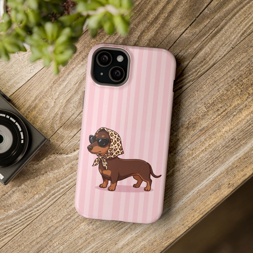 Glam Dachshund Phone Case | Cute Sausage Dog in Leopard Scarf & Sunglasses | Pink Stripe Case for iPhone & Samsung