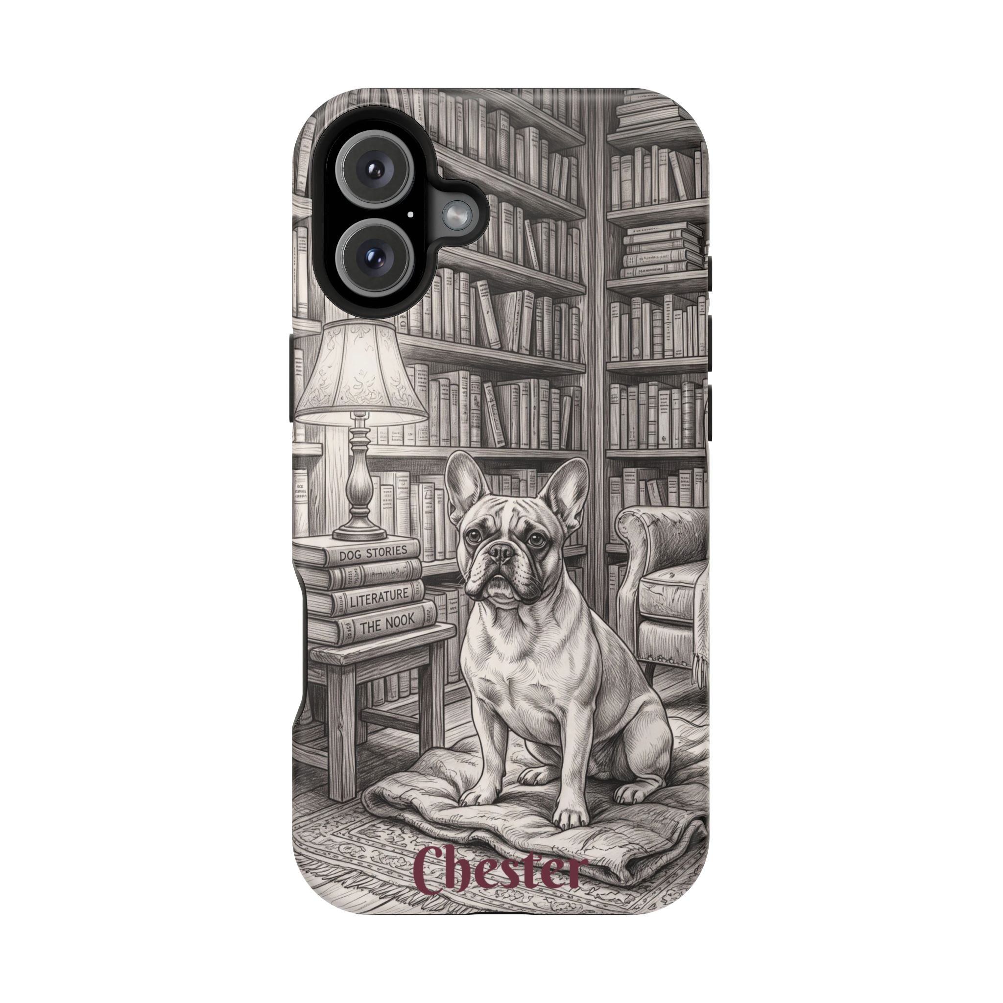 Personalized French Bulldog Library Study Phone Case — Wireless Charging Cover