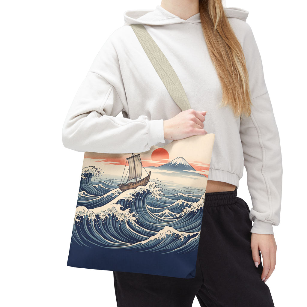 Japanese Wave Sailboat Tote Bag – Woodblock Style Ocean Beach Bag