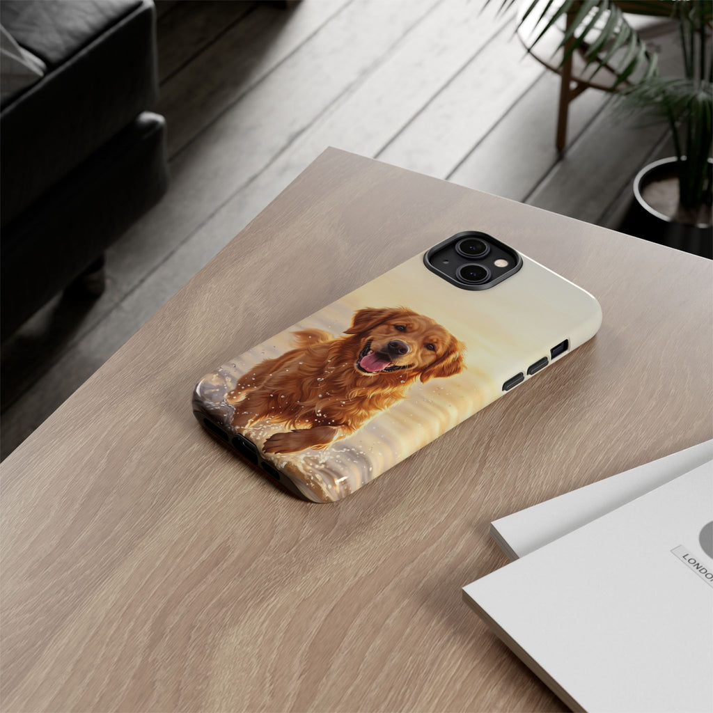 Golden Retriever Splashing in Water Phone Case | Joyful Dog at Golden Hour | iPhone & Samsung