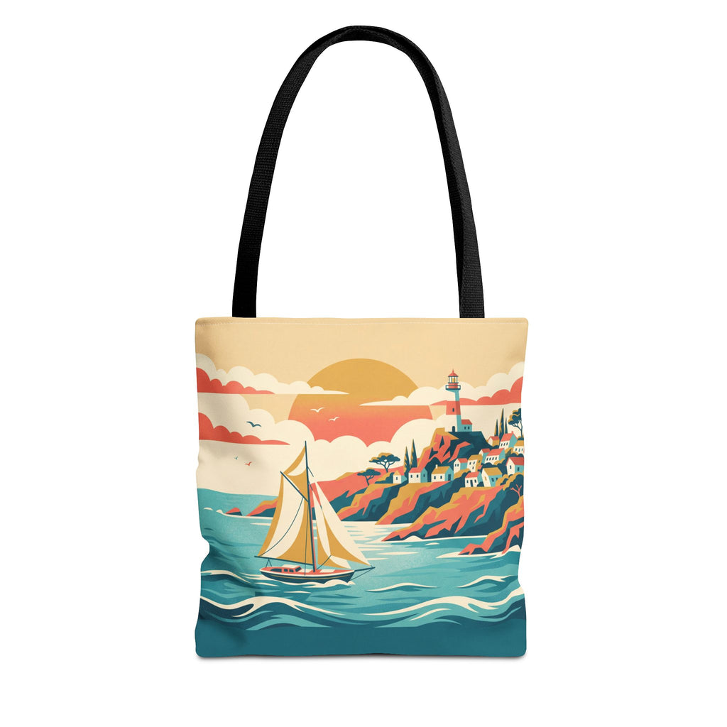 Coastal Lighthouse Sailboat Tote Bag – Retro Seaside Sunset Beach Bag