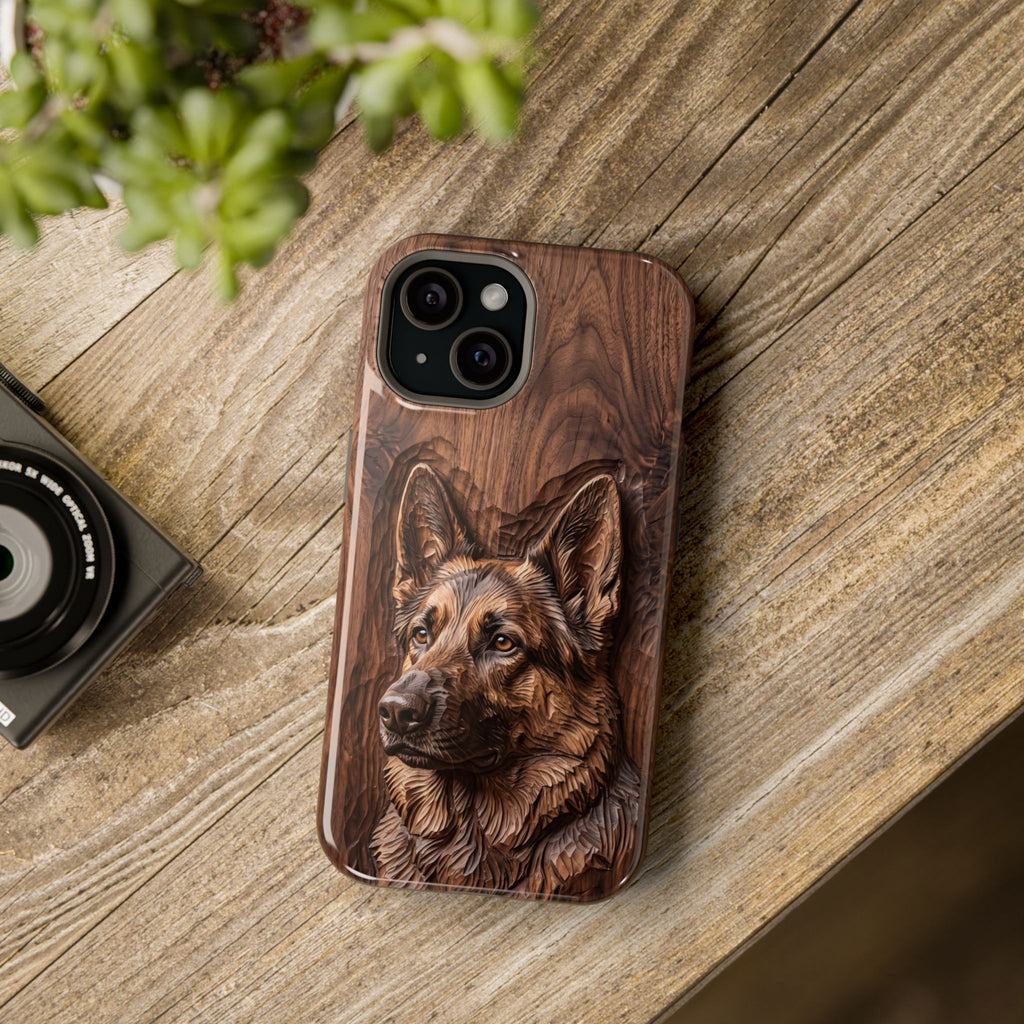 German Shepherd Phone Case | Carved Walnut Art — Tough Magnetic Case with Wireless Charging
