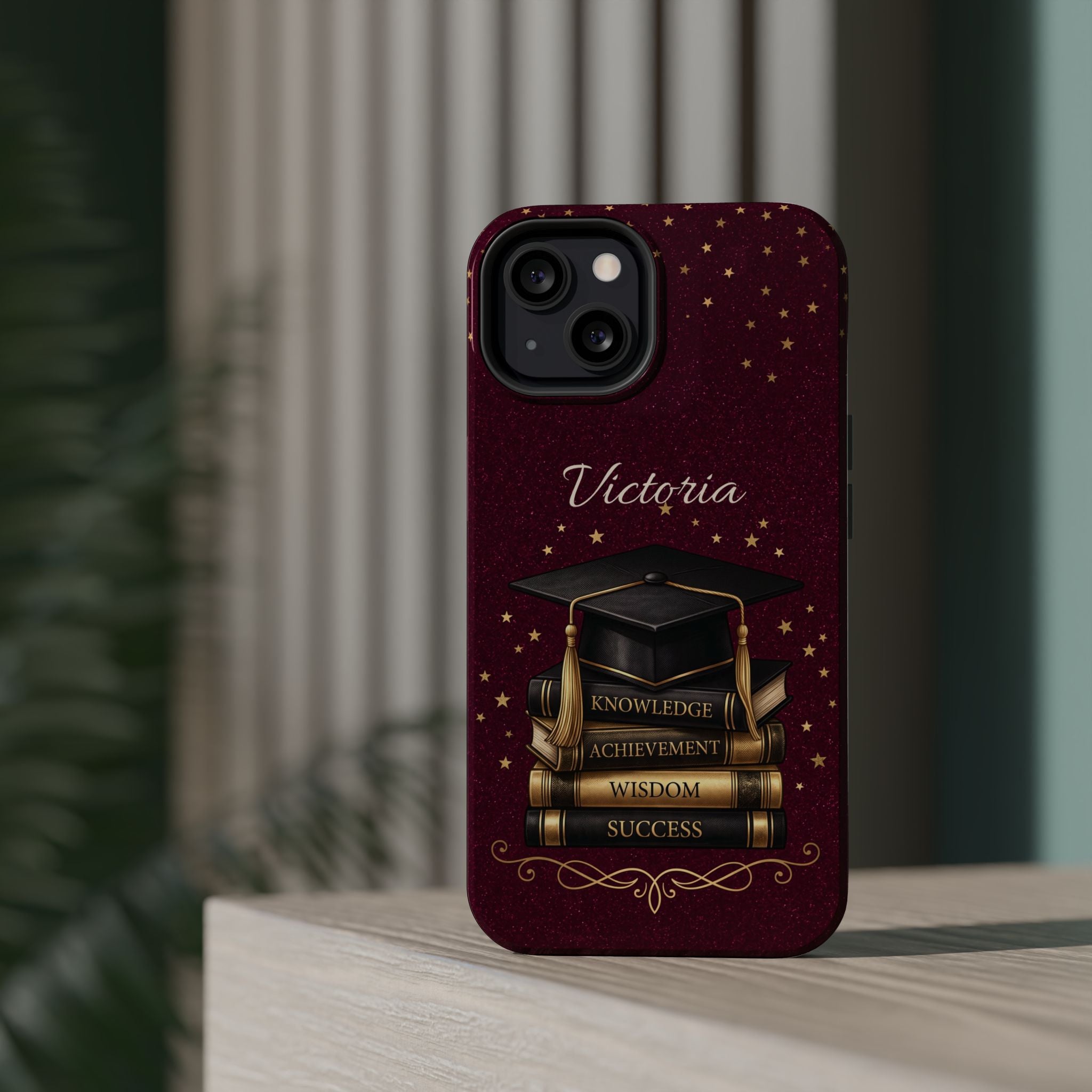 Graduation Cap & Books Personalized Teacher Phone Case — Wireless Charging Cover