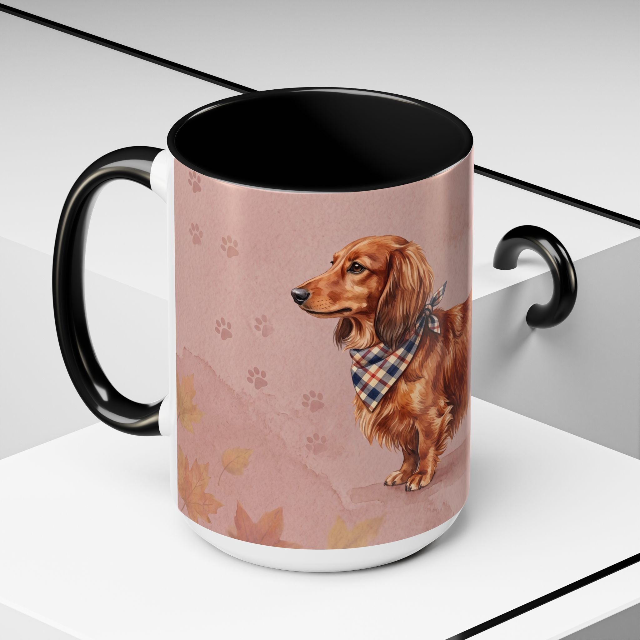 Dachshund Lover Mug | Long-Haired Wiener Dog with Plaid Bandana, Dusty Rose Watercolor Dog Gift