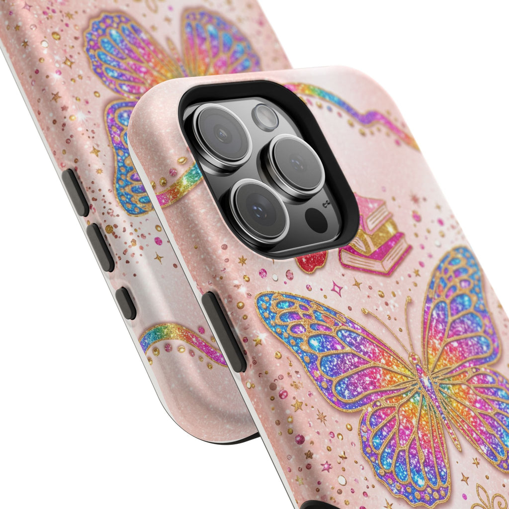 Blush Glitter Butterfly Personalized Teacher Phone Case — Wireless Charging Cover