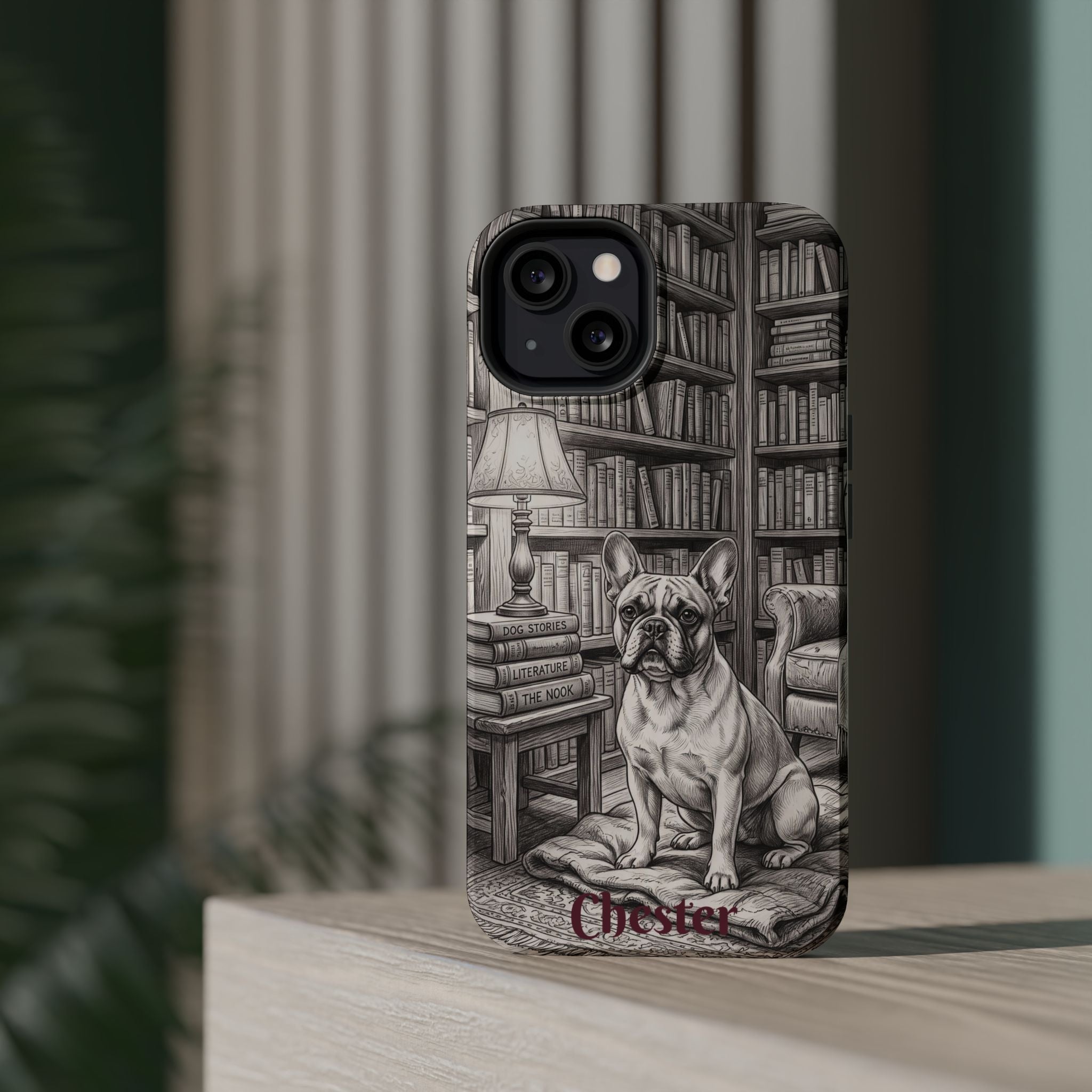 Personalized French Bulldog Library Study Phone Case — Wireless Charging Cover