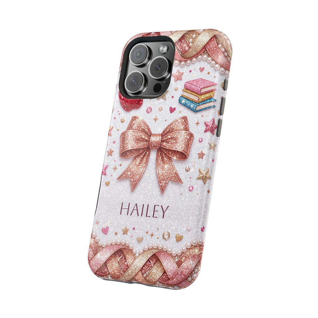 Rose Gold Glitter Bow Personalized Teacher Phone Case — Wireless Charging Cover